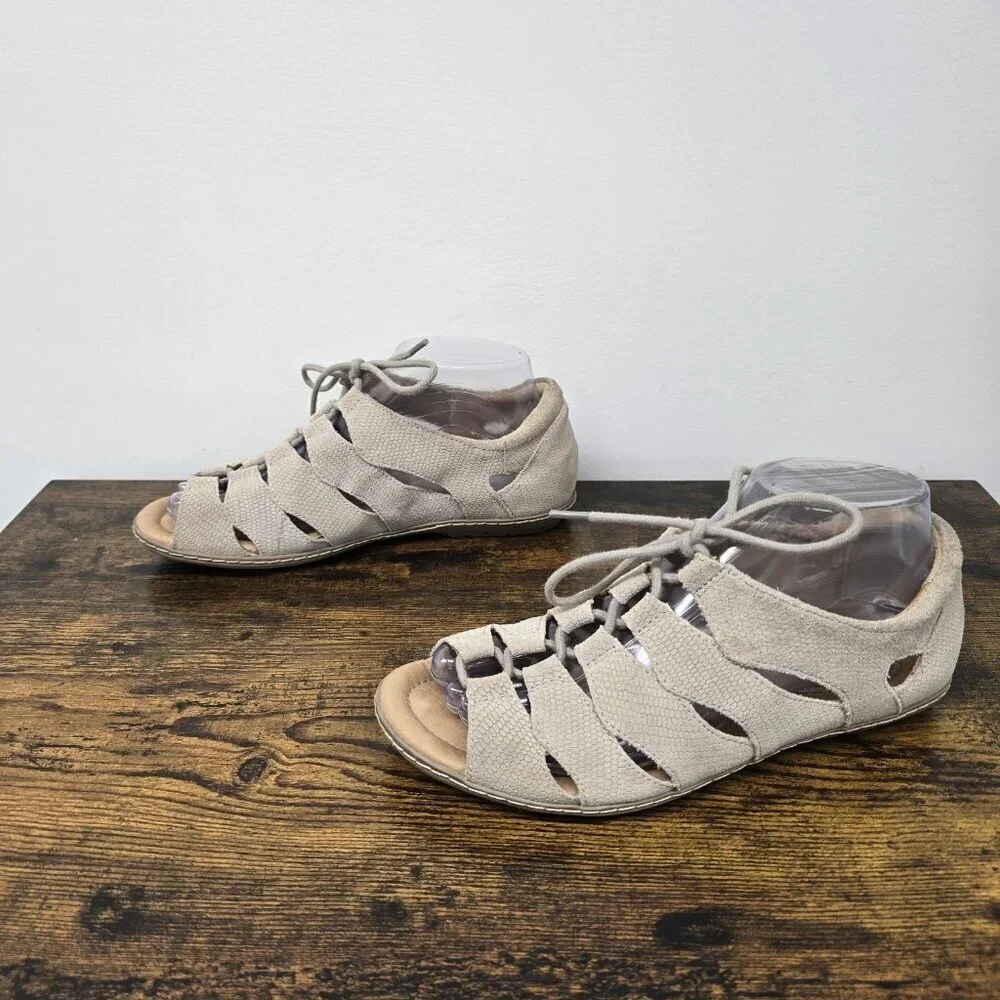 Earth Plover Textured Leather Sandals Women's Size 7.5 Nubuck Lace Up Taupe